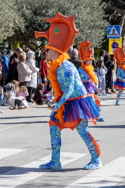 Palamos Spanien Februari 2024 Traditionell Karnevalsparad Liten Stad Palamos Katalonien — Stockfoto