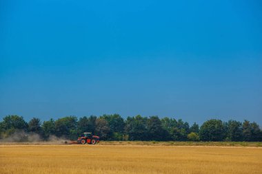 Yaz günü tarlayı sürmek için kırmızı traktör, eğimli arazide toprağı sürmek, buğday tarlası. Çiftçilikten önce tarım arazisi tedavisi. Tarım makinelerinin çalışması..
