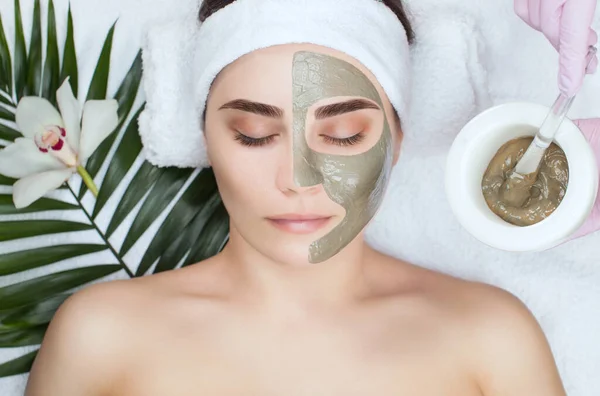 用粘土把面罩贴在漂亮女人脸上的程序 温泉疗养与美容院的面部护理 — 图库照片