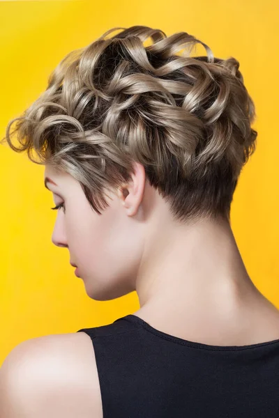 Portrait Beautiful Girl Short Curly Hair Beauty Salon Professional Hair — Stock Photo, Image