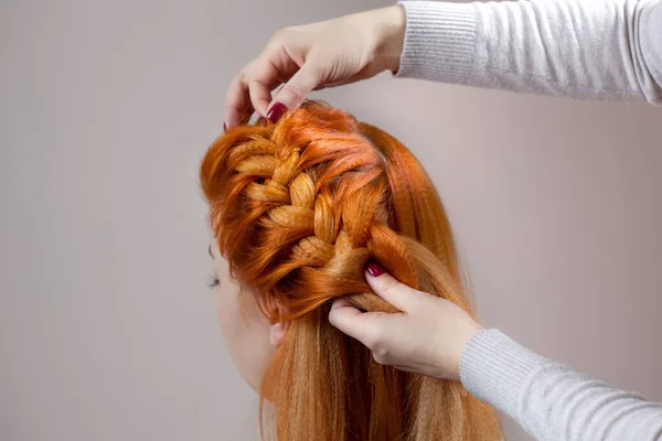 Beautiful Long Red Haired Hairy Girl Hairdresser Weaves Braid Close — Stock Photo, Image