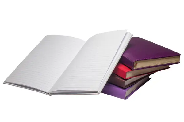 Five Notebooks Notebooks Different Covers Located White Isolated Background — Stock Photo, Image