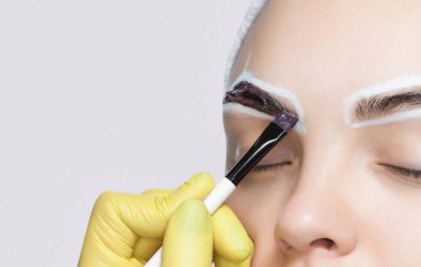The make-up artist applies a paints eyebrow dye on the eyebrows of a young girl. Professional face care.