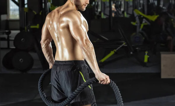 Muscular Man Does Exercise Battle Rope Fitness Gym Sports Concept — Stock Photo, Image