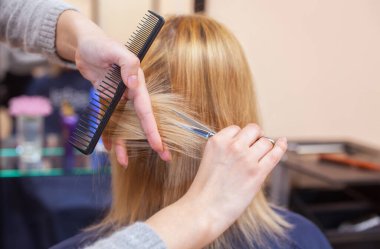 Kuaför, genç bir kıza saç makasıyla saç kestirir. Güzellik salonunda bir sarışına. Profesyonel saç bakımı..