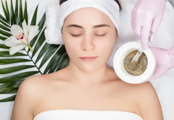 Beautician makes a face clay mask against acne on the face of a woman to rejuvenate the skin. Cosmetology treatment of problem skin on the face and body.