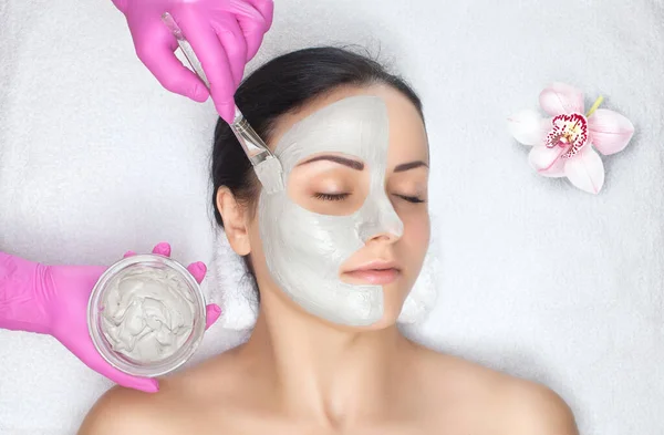 Beautician makes a face clay mask against acne on the face of a woman to rejuvenate the skin. treatment of problem skin on the face and body. Cosmetology and professional skin care.
