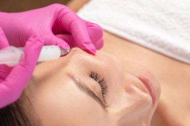 Kozmetik uzmanı, bir kadının çenesinde, yanaklarında ve boynunda çift çeneye karşı yağ yakmak için lipolitik enjeksiyon yapar. Güzellik salonunda kadın estetiği. Kozmetoloji konsepti..