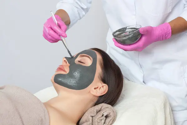 Cosmetologist does a mud mask to cleanse the skin and anti-wrinkle on the face of a beautiful woman, spa treatments and cosmetology concept.