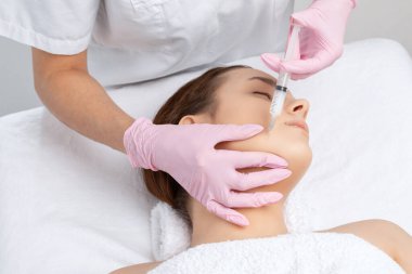 Kozmetik uzmanı, bir kadının çenesinde, yanaklarında ve boynunda çift çeneye karşı yağ yakmak için lipolitik enjeksiyon yapar. Güzellik salonunda kadın estetiği. Kozmetoloji konsepti..