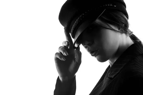 Portrait Beautiful Elegant Girl Beret Suit Black White Photo — Stock Photo, Image