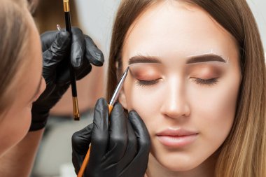 Makyaj sanatçısı kaşların uzun süreli stilini yapar ve kaşlarını boyar. Kaş kaplaması. Profesyonel makyaj ve yüz bakımı..