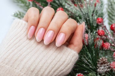 Güzel soluk pembe manikürlü kadın elleri. Noel ağacı dalı tutan bir kız. Eller için profesyonel bakım. Yeni yıl konsepti.