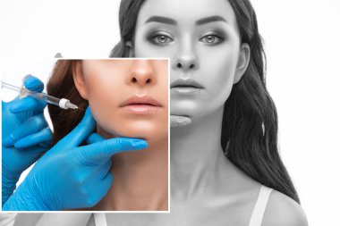 Kozmetik uzmanı, güzel bir kadının burun kıvrımlarında dudak büyütme ve kırışıklık önleyici iğneler yapar. Güzellik salonunda kadın kozmetolojisi.