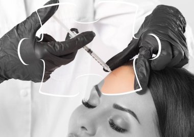 The doctor cosmetologist makes the Rejuvenating injections procedure for tightening and smoothing wrinkles on the face skin of a beautiful woman in a beauty salon.Cosmetology skin care. clipart