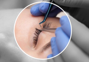 Kirpik uzatma prosedürünü kapat. Güzellik salonunda uzun kirpikleri olan güzel bir kadın. Makyaj konsepti