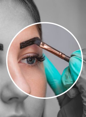 Makyöz beyaz kaş kalemiyle işaret yapar ve kaşlarına boya sürer. Profesyonel makyaj ve yüz bakımı..