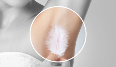 Botulinum toksin enjeksiyon işleminden sonra. Bir kadın koltukaltında bir tüy tutar, kuruluğu ve tersizliği gösterir. Kozmetoloji cilt bakımı