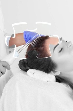 The doctor-cosmetologist makes the procedure Microcurrent therapy On the hair of a beautiful, young woman in a beauty salon.Cosmetology and professional skin care. clipart