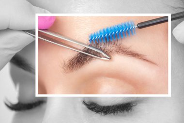 Makyöz, kaşlarını cımbızla kazıyarak bir kadına kına sürmeden önce makyaj konsepti, kaş şekilli modelleme ve kirpik uzatma yapar..