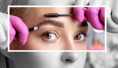 Makyaj sanatçısı uzun süreli kaş stili yapar ve kaşlarını boyar. Kaş kaplaması. Profesyonel makyaj ve yüz bakımı..