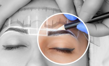 Permanent make-up for eyebrows of beautiful woman with thick brows in beauty salon. Closeup beautician doing tattooing eyebrow. Professional makeup and cosmetology skin care. clipart