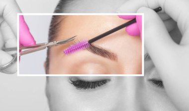 Makyöz kaşları makasla kesiyor. Güzel, uzun kirpikleri ve bakımlı kaşları olan bir kız..