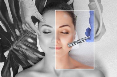 Kozmetik uzmanı güzellik salonundaki bir kadının yüz derisinin mikro cilt bakımını yapıyor. Kozmetoloji ve profesyonel cilt bakımı..