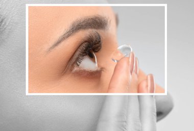 Bir kadının parmağında kontak lens var. Göz bakımı ve görme yetisini geliştirme araçları arasındaki seçim.
