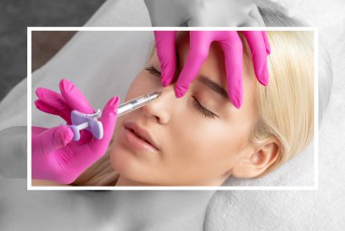 Doktor burundaki kamburu sarışının güzelliğiyle düzeltmek için iğne yapar. Güzellik uzmanı, yüzündeki kırışıklıklara karşı iğne yapar. Güzellik salonunda kadın kozmetolojisi.