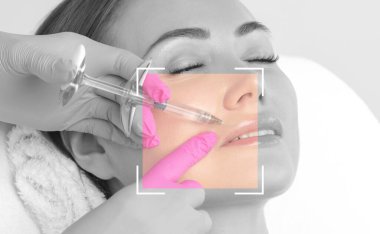 Kozmetik uzmanı, güzel bir kadının burun kıvrımlarında dudak büyütme ve kırışıklık önleyici iğneler yapar. Güzellik salonunda kadın kozmetolojisi.