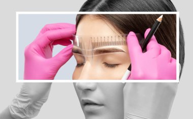 Makyaj sanatçısı kaşlar için beyaz kalemle işaretler yapar ve kaşları boyar. Profesyonel makyaj ve yüz bakımı.