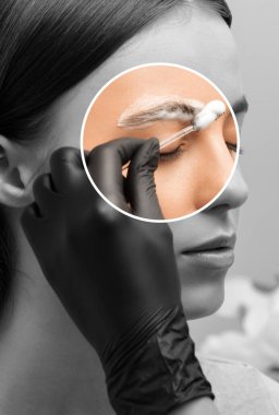 Makyaj sanatçısı uzun süreli kaş stili yapar ve kaşlarını boyar. Kaş kaplaması. Profesyonel makyaj ve yüz bakımı..