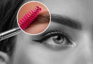 Kaşların uzun ömürlü şekli ve kaşların rengi. Kaş kaplaması. Profesyonel makyaj ve yüz bakımı..