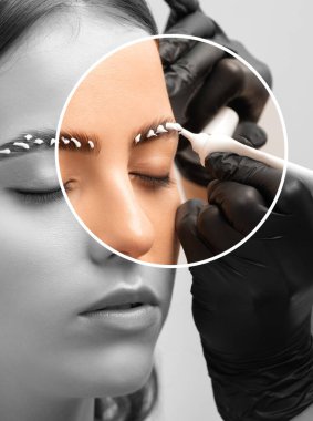 Makyaj sanatçısı uzun süreli kaş stili yapar ve kaşlarını boyar. Kaş kaplaması. Profesyonel makyaj ve yüz bakımı..