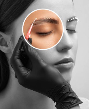 Makyaj sanatçısı uzun süreli kaş stili yapar ve kaşlarını boyar. Kaş kaplaması. Profesyonel makyaj ve yüz bakımı..