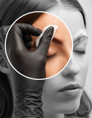 Makyaj sanatçısı uzun süreli kaş stili yapar ve kaşlarını boyar. Kaş kaplaması. Profesyonel makyaj ve yüz bakımı..