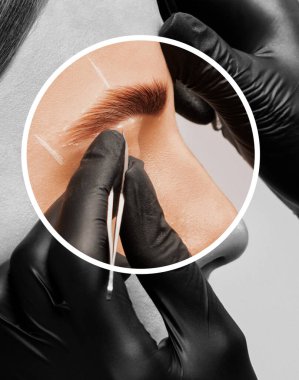 Makyaj sanatçısı uzun süreli kaş stili yapar ve kaşlarını boyar. Kaş kaplaması. Profesyonel makyaj ve yüz bakımı..