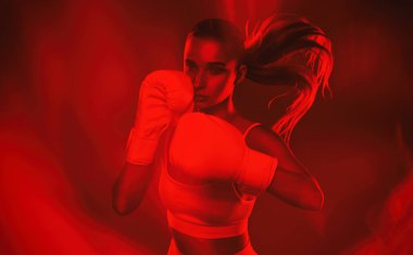 Pembe arka planda beyaz boks eldivenli beyaz eşofmanlı güzel seksi kız..