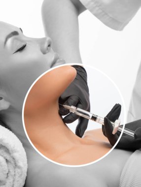 Kozmetik uzmanı, bir kadının çenesinde, yanaklarında ve boynunda çift çeneye karşı yağ yakmak için lipolitik enjeksiyon yapar. Güzellik salonunda kadın estetiği. Kozmetoloji konsepti..