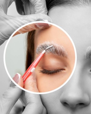 Makyaj sanatçısı kaşların uzun süreli stilini yapar ve kaşlarını boyar. Kaş kaplaması. Profesyonel makyaj ve yüz bakımı..