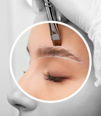Makyaj sanatçısı kaşların uzun süreli stilini yapar ve kaşlarını boyar. Kaş kaplaması. Profesyonel makyaj ve yüz bakımı..
