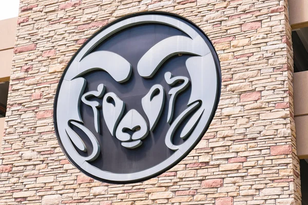 stock image Fort Collins, CO - July 16, 2022: Rams mascot logo on a building at the Colorado State University in Fort Collins, Colorado