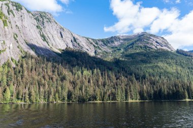 Alaska Ketchikan yakınlarındaki Misty Fjords Ulusal Anıtı 'ndaki engebeli kıyı şeridi