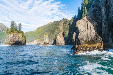 Seward, Alaska yakınlarındaki Diriliş Körfezi 'nin engebeli kıyı şeridi boyunca dağlar ve deniz yığınları