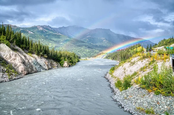 stock image Beautiful rainbow over the Nenana River in Denali National Park, Alaska