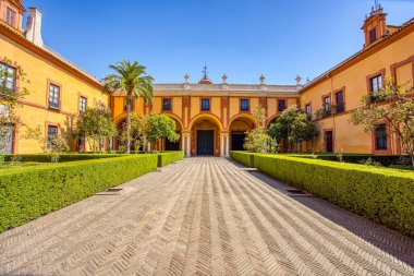 Seville, İspanya - 1 Eylül 2023 Sevilla, İspanya Kraliyet Alcazar 'ının güzel avlusu