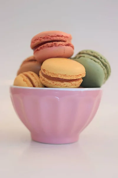 Macarons Different Colors Flavors Pink Bowl — Photo