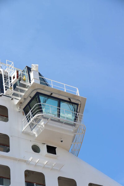 IJmuiden, the Netherlands - July 15th, 2023: Norwegian Dawn operated by Norwegian Cruise Line. Detail of the bridge
