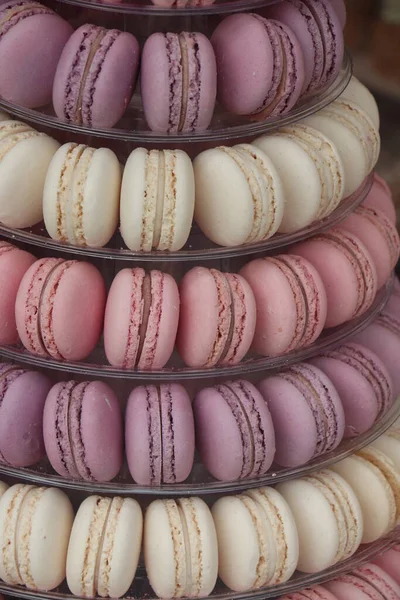 Tower Macarons White Purple Pink Often Seen Dessert Table Wedding — Stock Photo, Image